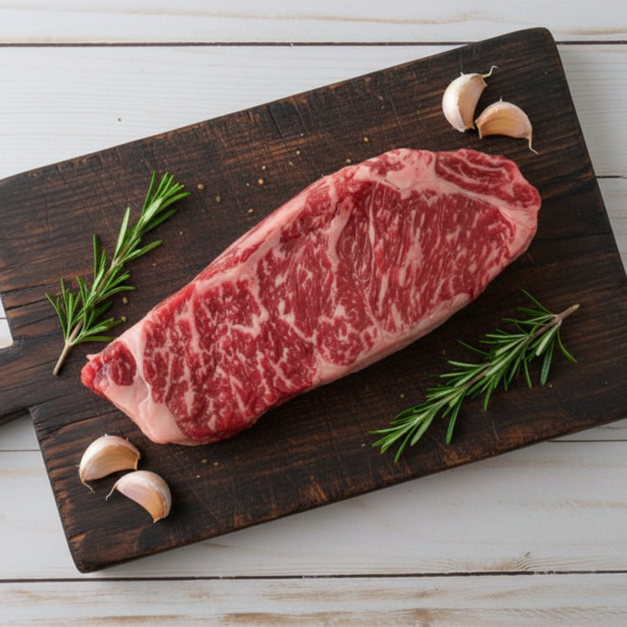 A raw, heavily marbled USDA Prime Black Angus New York strip steak styled with fresh rosemary and garlic on a dark rustic butcher board, direct from Winston Cattle Co.