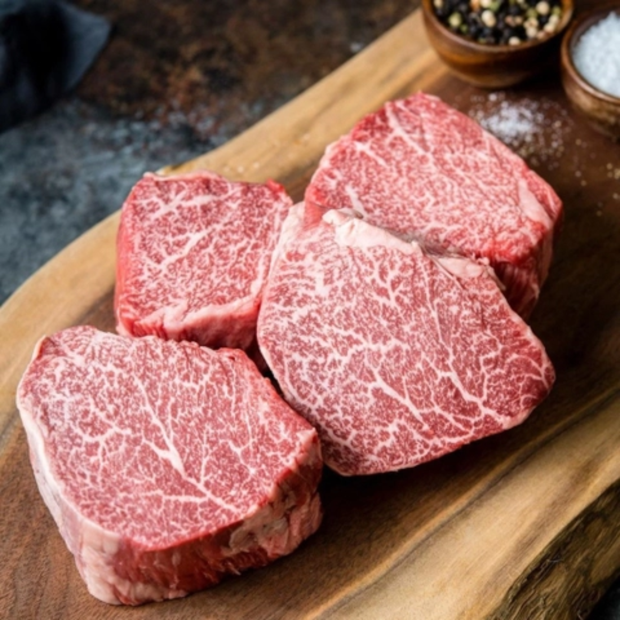 Four raw, thick-cut 100% Fullblood American Wagyu steaks displaying intense marbling, direct from Winston Cattle Co.'s in-house processing facility.