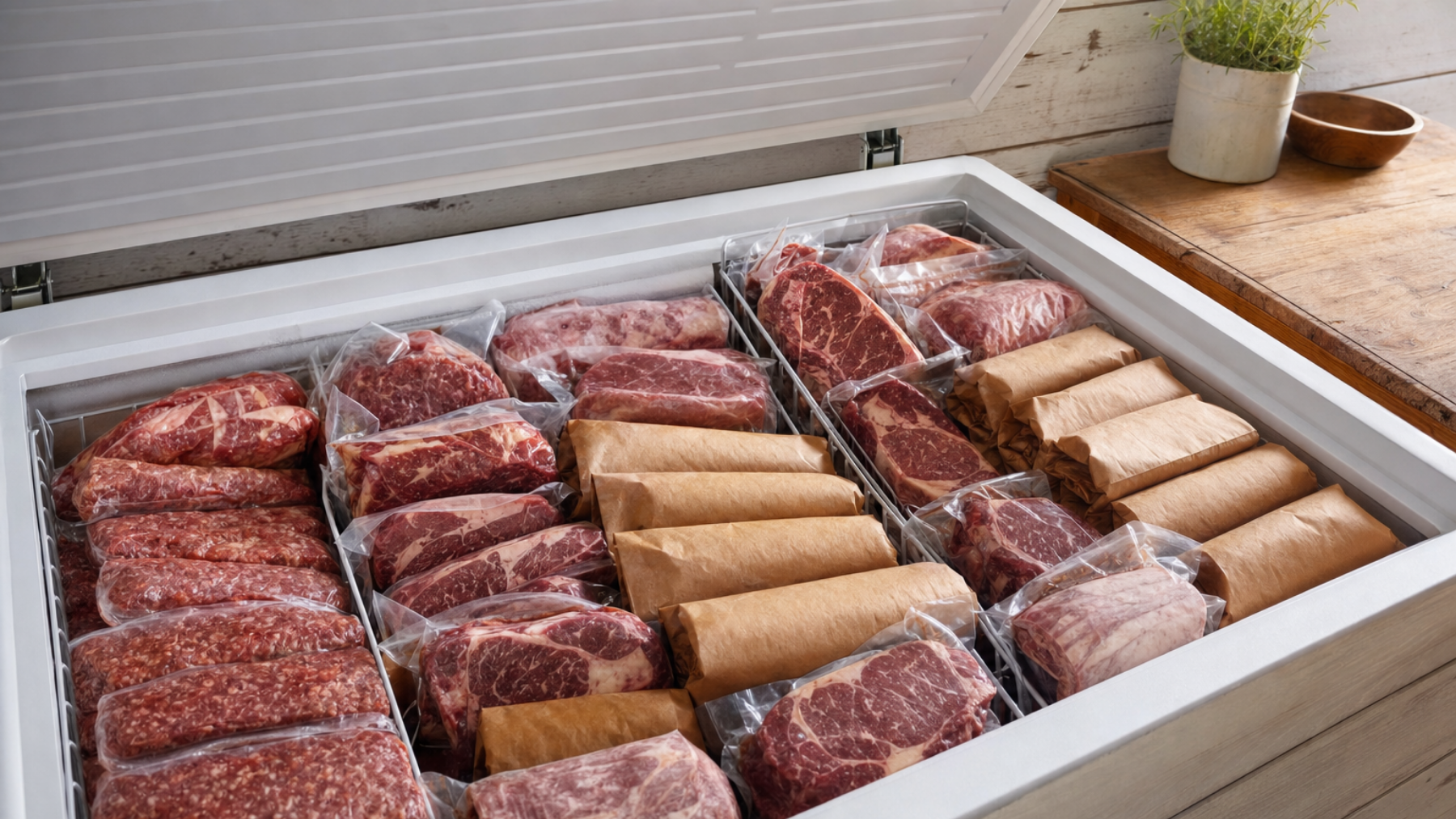 A white chest freezer filled with packaged raw meats, including marbled steaks, sliced beef, and rolled packages in clear plastic and brown paper, set on a wooden surface with a small potted plant in the background.